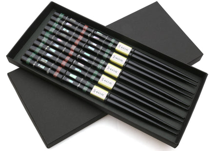 Japanese Premium Chopsticks Black 5pc Set With Traditonal Abalone Shell Pattern in Fine Japanese Paulownia Wood Case VER.1