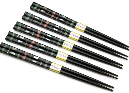 Japanese Premium Chopsticks Black 5pc Set With Traditonal Abalone Shell Pattern in Fine Japanese Paulownia Wood Case VER.1