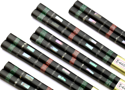 Japanese Premium Chopsticks Black 5pc Set With Traditonal Abalone Shell Pattern in Fine Japanese Paulownia Wood Case VER.1