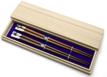 Premium Japanese Ebony Wood Chopsticks - Anime Design Lacquered Twin Pair in Paulownia Box