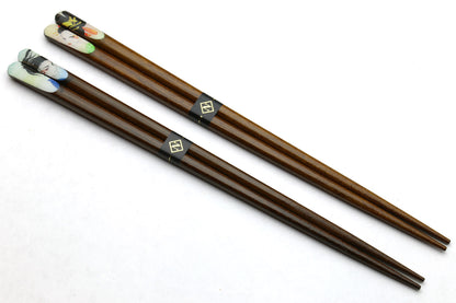 Premium Japanese Ebony Wood Chopsticks - Anime Design Lacquered Twin Pair in Paulownia Box