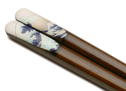 Premium Japanese Ebony Wood Chopsticks - Great Wave Design Lacquered Pair in Paulownia Box
