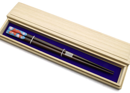 Premium Japanese Ebony Wood Chopsticks - Koi Fish Design 1 Lacquered Pair in Paulownia Box