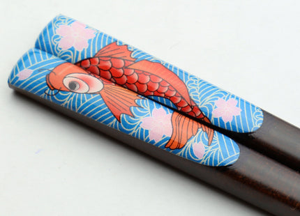 Premium Japanese Ebony Wood Chopsticks - Koi Fish Design 1 Lacquered Pair in Paulownia Box
