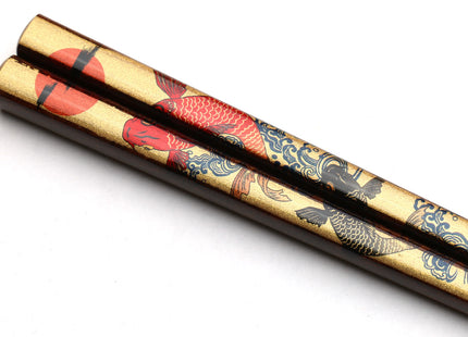 Premium Japanese Ebony Wood Chopsticks - Koi Fish Design 2 Lacquered Pair in Paulownia Box