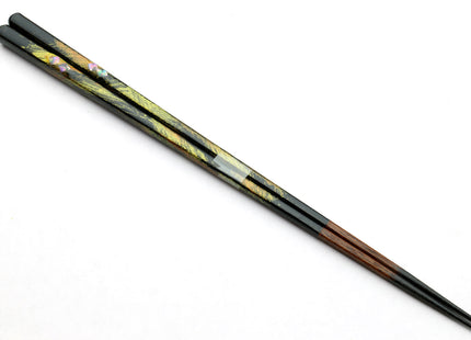 Premium Japanese Ebony Wood Chopsticks - Peacock Design Lacquered Pair in Paulownia Box