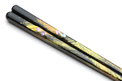 Premium Japanese Ebony Wood Chopsticks - Peacock Design Lacquered Pair in Paulownia Box