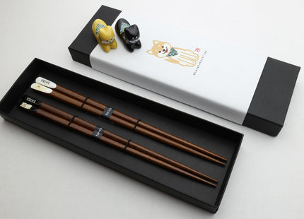 Premium Japanese Ebony Wood Chopsticks - Shiba Inu Design Lacquered Twin Pair in Paulownia Box