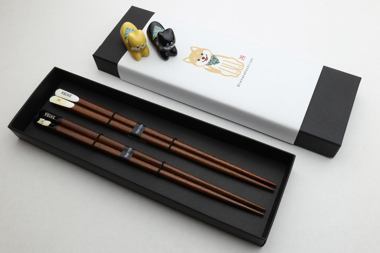 Premium Japanese Ebony Wood Chopsticks - Shiba Inu Design Lacquered Twin Pair in Paulownia Box