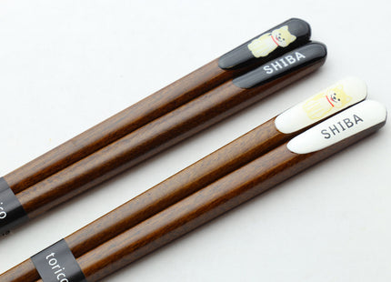 Premium Japanese Ebony Wood Chopsticks - Shiba Inu Design Lacquered Twin Pair in Paulownia Box