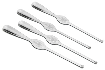 Four stainless crab & lobster spoons, 7.75 in, with oval bowls and engraved seafood relief