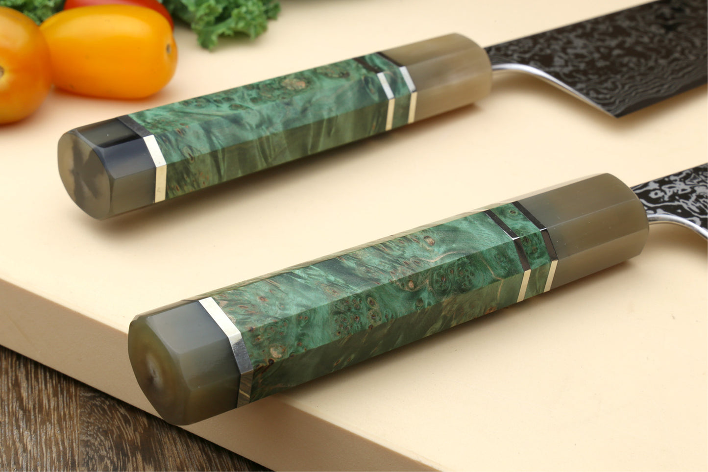 Yoshihiro High Performance Masashi SLD Damascus Steel Mirror Polish Kiritsuke Knife, Triple Ring Stabilized Maple Burl Handle