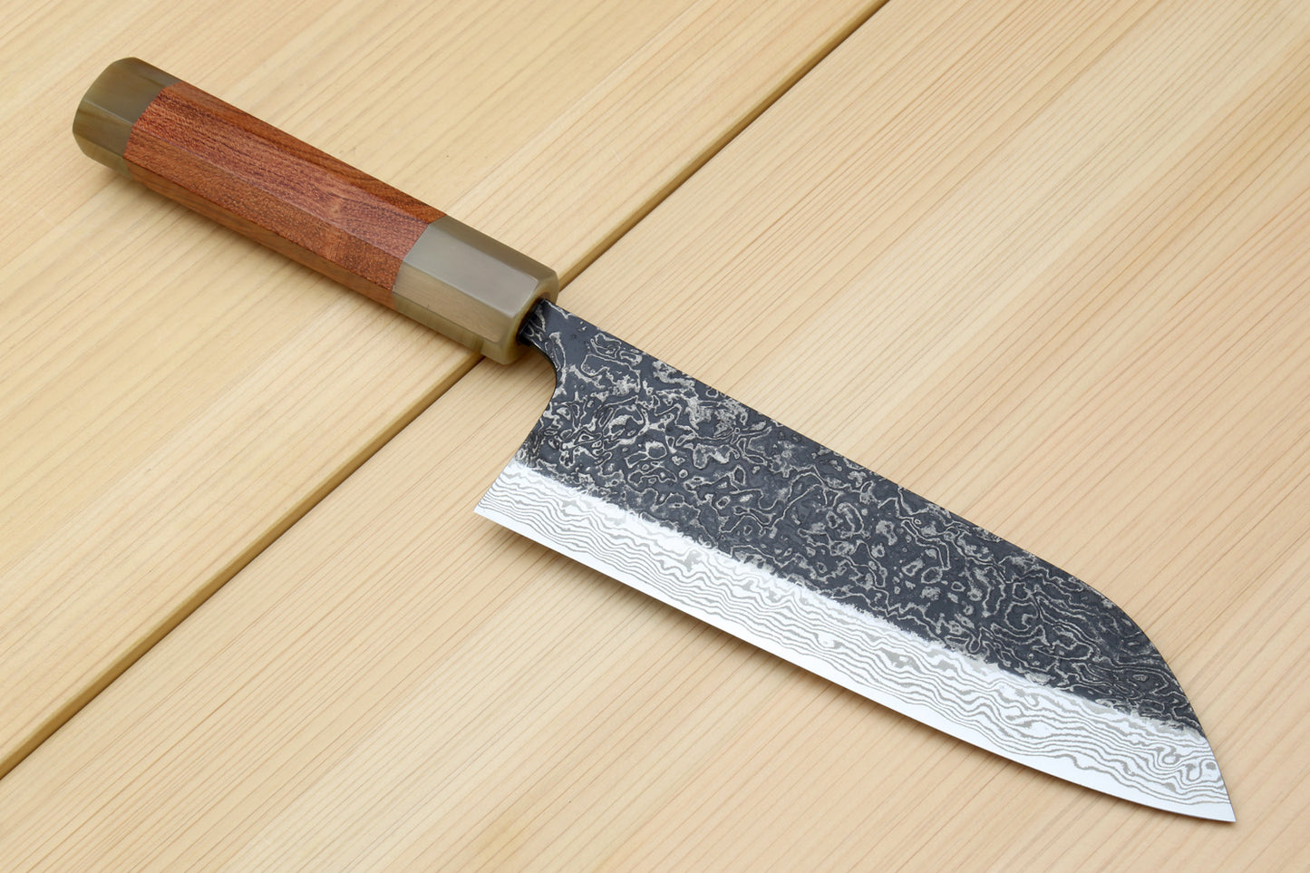 Yoshihiro Black-Forged High Performance SLD Damascus Steel Masashi Santoku Multipurpose Chef Knife Ironwood Handle