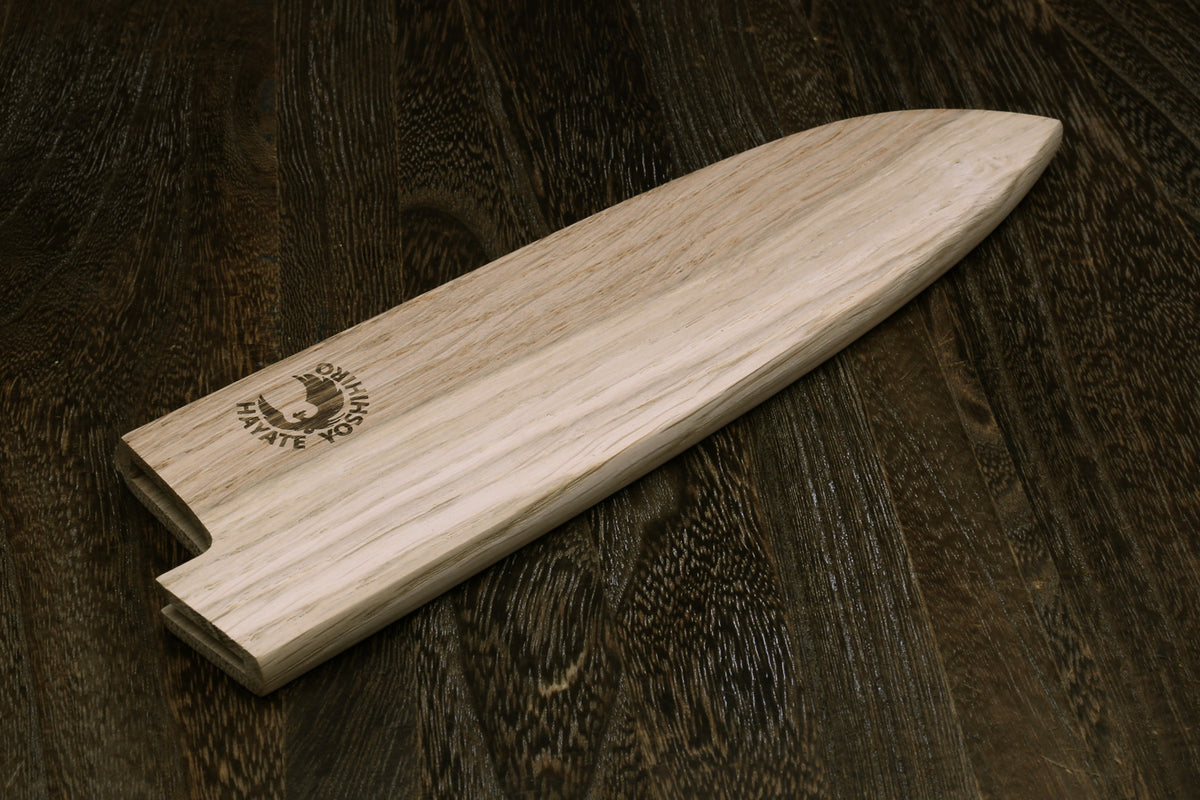 Oak wood saya blade protector cover for santoku knife, side opening and cutout