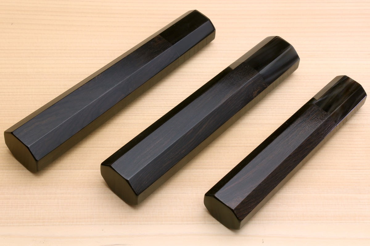 Set of ebony knife handle blanks with horn bolsters, three angled views, for Sujihiki knives