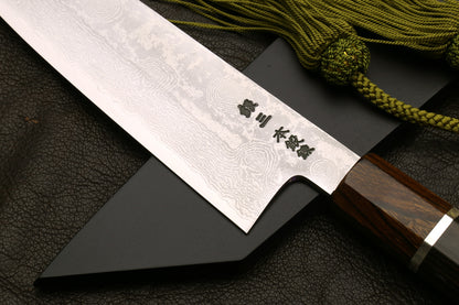 Yoshihiro Hiryu Suminagashi Ginsan High Carbon Stainless Steel Kiritsuke Multipurpose Knife Silver Ring Ebony Handle