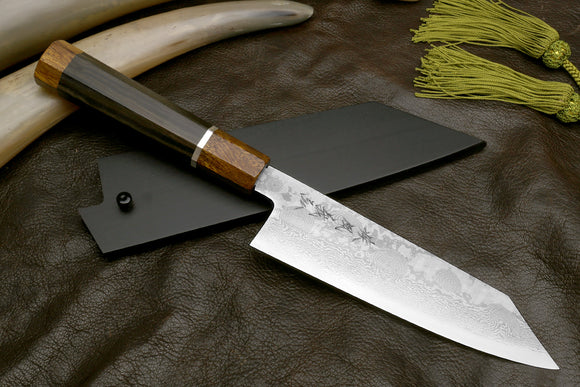 Yoshihiro Hiryu Suminagashi Ginsan High Carbon Stainless Steel Kiritsuke Multipurpose Knife Silver Ring Ebony Handle