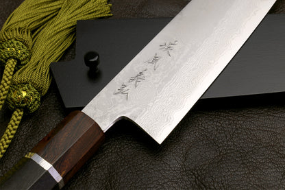 Yoshihiro Hiryu Suminagashi Ginsan High Carbon Stainless Steel Santoku Multipurpose Knife Silver Ring Ebony Handle