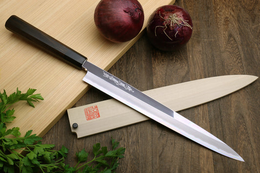 Yoshihiro Hongasumi Ginsan Mirror Polished High Carbon Stain Resistant Steel Yanagi Sashimi Knife Ebony Handle