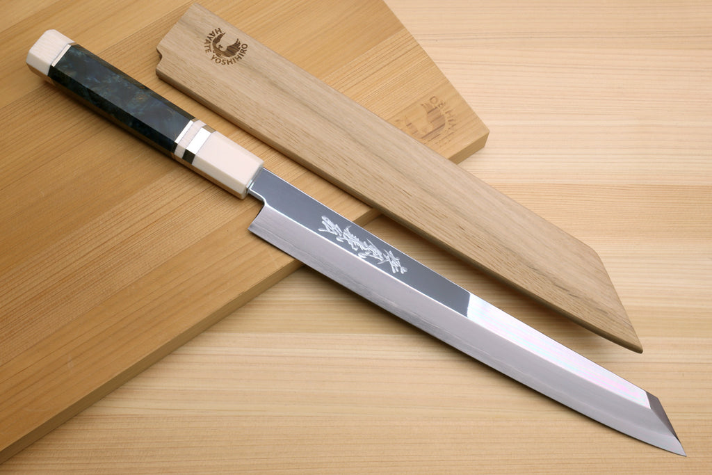 Yoshihiro Ginsan Mirror Polished Stain Resistant Steel Yanagi Kiritsuke Sushi Sashimi Japanese Knife Octagonal Handle with Alternative Ivory Bolster