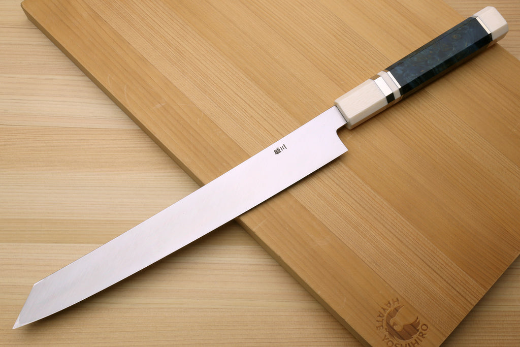 Yoshihiro Ginsan Mirror Polished Stain Resistant Steel Yanagi Kiritsuke Sushi Sashimi Japanese Knife Octagonal Handle with Alternative Ivory Bolster