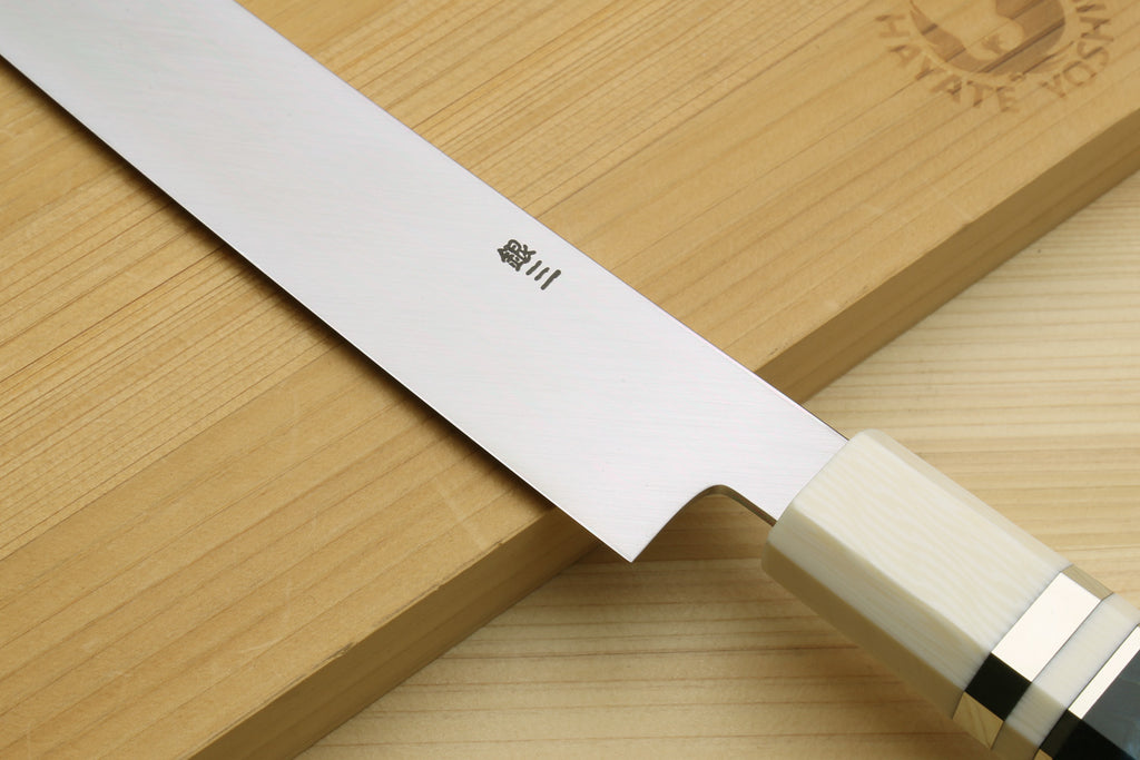 Yoshihiro Ginsan Mirror Polished Stain Resistant Steel Yanagi Kiritsuke Sushi Sashimi Japanese Knife Octagonal Handle with Alternative Ivory Bolster