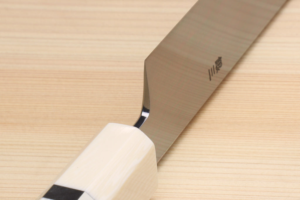 Yoshihiro Ginsan Mirror Polished Stain Resistant Steel Yanagi Kiritsuke Sushi Sashimi Japanese Knife Octagonal Handle with Alternative Ivory Bolster
