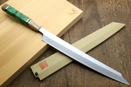 Yoshihiro Gintsuru Ginsan Stainless Steel Yanagi Kiritsuke Sushi Sashimi Japanese Knife with Stabilized Maple Burl Handle and Magnolia Saya Cover