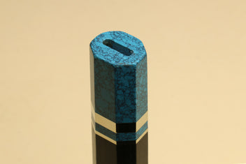 Turquoise-blue knife handle with black core and white stripe near the end, for Gyuto knives