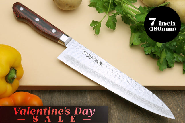 Yoshihiro VG-10 16 Layer Hammered Damascus Stainless Steel Gyuto Chefs Knife 7" (180mm)