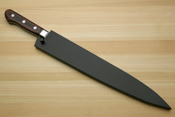 Sujihiki chef knife with black sheath (saya) and hammered Damascus blade