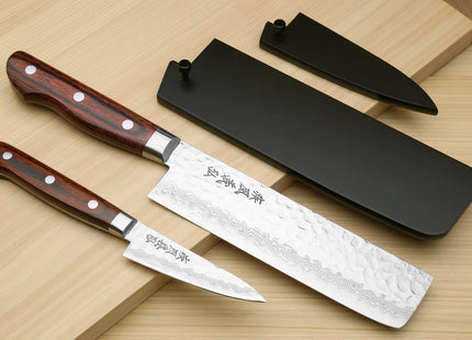 Yoshihiro VG-10 16 Layer Hammered Damascus Stainless Steel Nakiri and Paring Knife Set