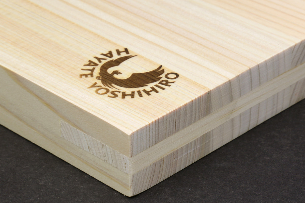 Japanese cypress cutting board corner with Yoshihiro logo and squared edges
