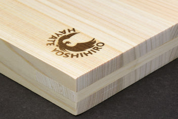Japanese cypress cutting board corner with Yoshihiro logo and squared edges