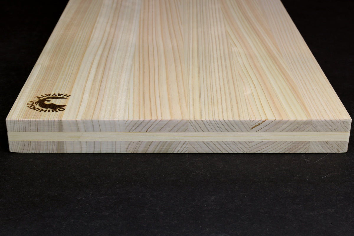 Japanese cypress cutting board top with wood grain and small Yoshihiro logo