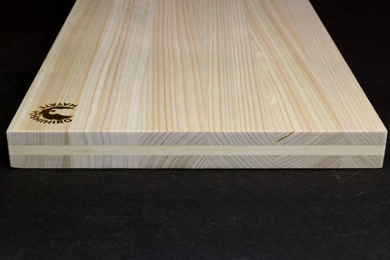 Japanese cypress cutting board top with wood grain and small Yoshihiro logo