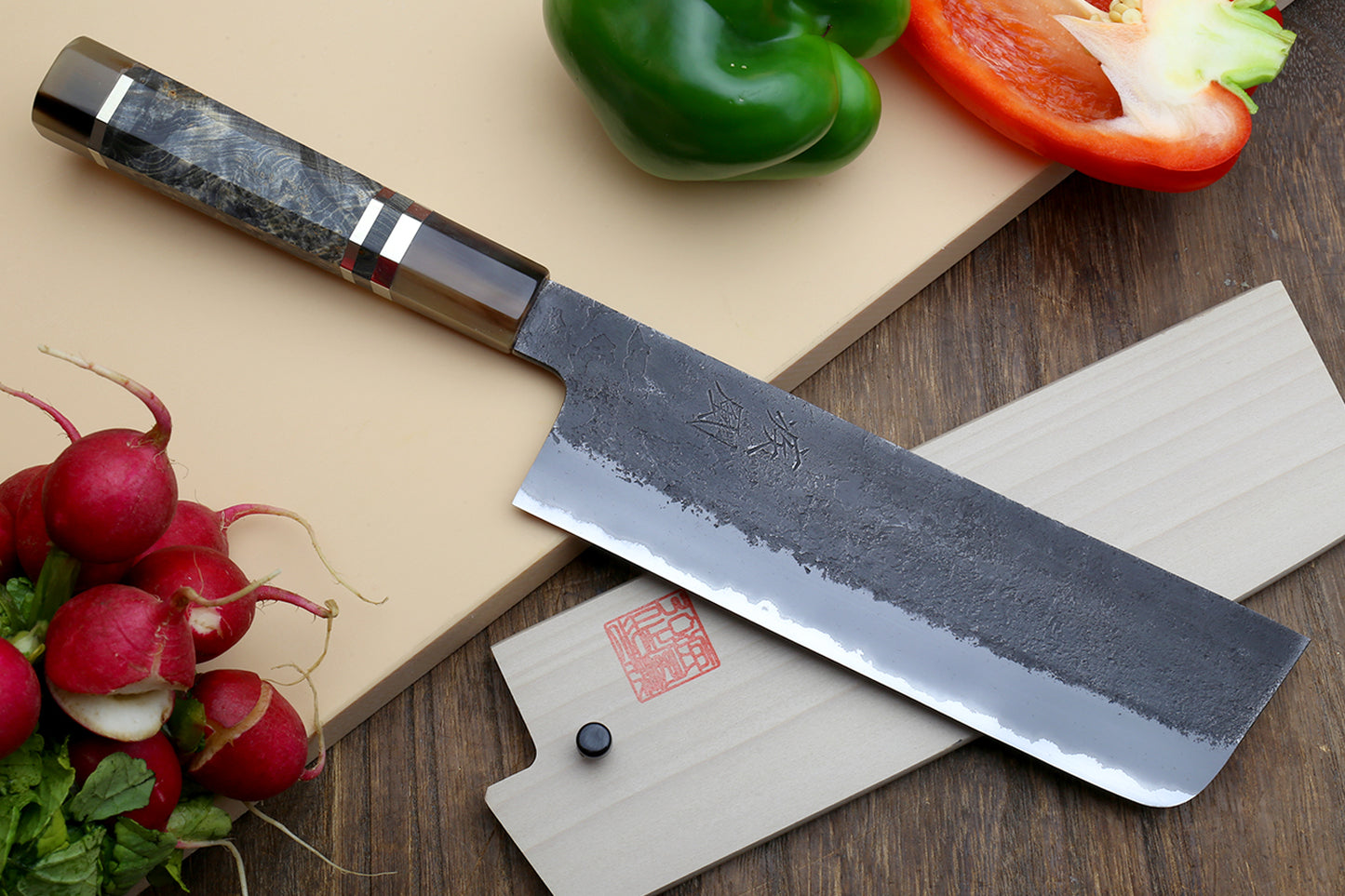 Hayate Hinoura Kurouchi Black-Forged Blue Steel Stainless Clad Nakiri Vegetable Knife