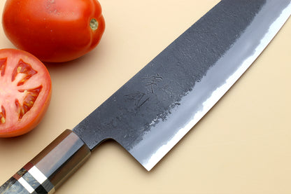 Hayate Hinoura Kurouchi Black-Forged Blue Steel Stainless Clad Santoku Multipurpose Knife