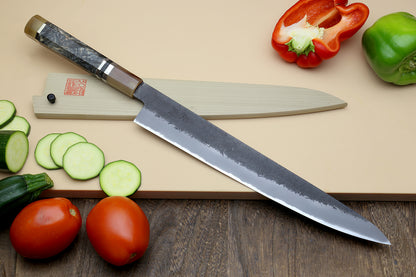 Hayate Hinoura Kurouchi Black-Forged Blue Steel Stainless Clad Sujihiki Slicer Knife