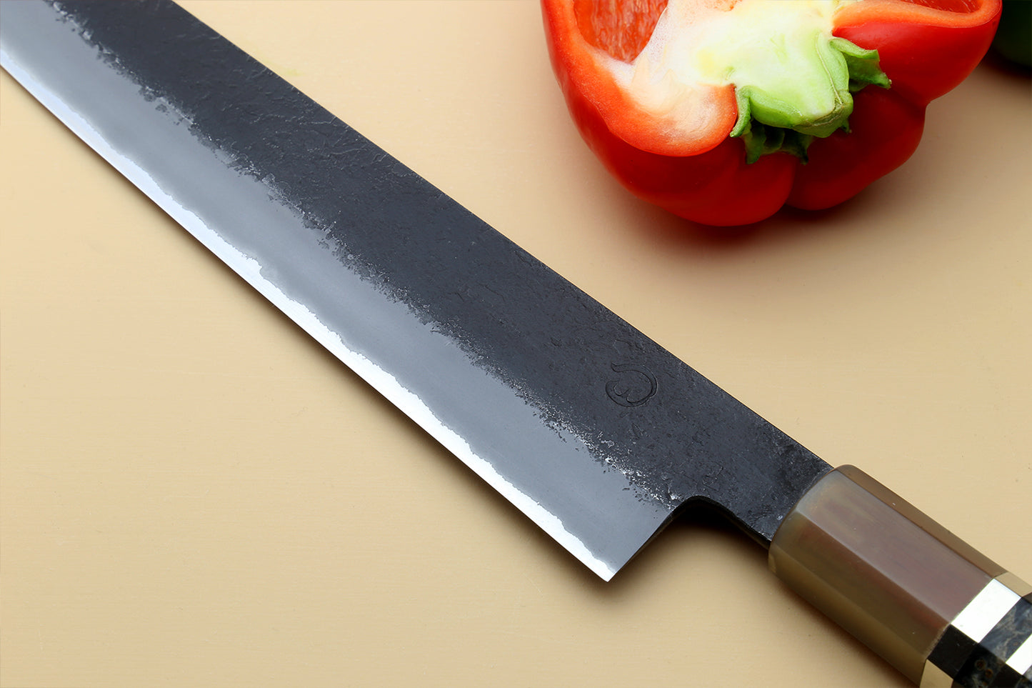 Hayate Hinoura Kurouchi Black-Forged Blue Steel Stainless Clad Sujihiki Slicer Knife