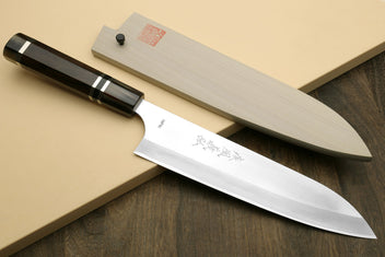 3-piece Japanese knife set with dark octagonal handles and engraved blade markings