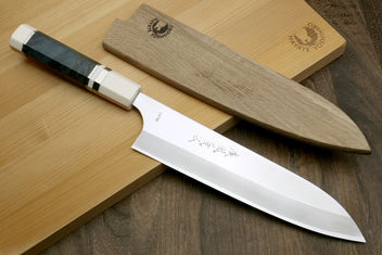 Gyuto chef's knife with white bolster and octagonal blue handle, HAP40 blade