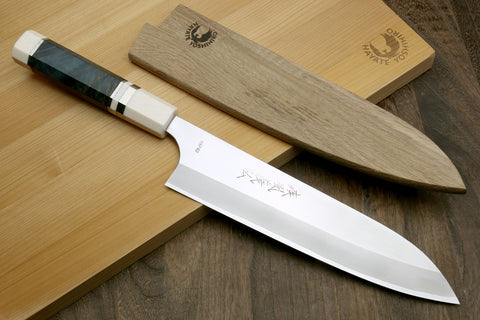 Gyuto chef's knife with white bolster and octagonal blue handle, HAP40 blade