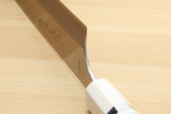 Gyuto chef's knife heel with white bolster and octagonal ocean-blue handle