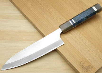 Yoshihiro High Speed Steel HAP40 Gyuto Chefs Knife with Ocean Blue Handle and Magnolia Saya Cover