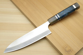 Gyuto chef's knife with ocean blue handle and magnolia wood saya