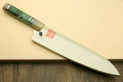 Yoshihiro High Speed Steel HAP40 Gyuto Chefs Knife with Stabilized Maple Burl Handle and Magnolia Saya Cover