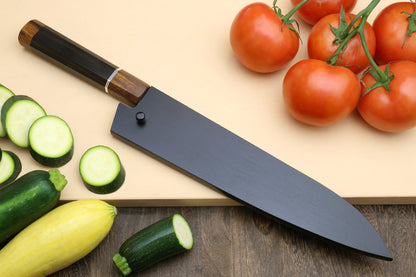 Yoshihiro High Speed Steel HAP40 Gyuto Chefs Knife Natural Ebony Handle with Sterling Sliver Ring