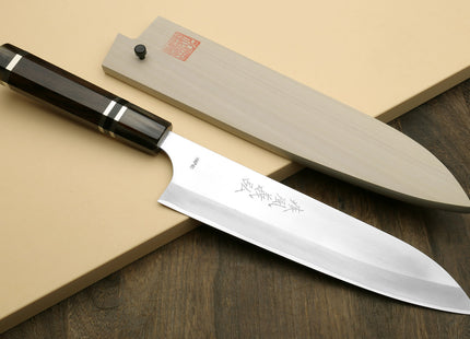 Yoshihiro High Speed Steel HAP40 Gyuto Chefs Knife with Triple Ring Ebony Handle with Magnolia Saya Cover