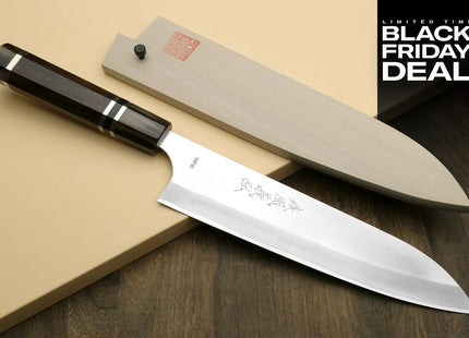 (BF Sale) Yoshihiro High Speed Steel HAP40 Gyuto Chefs Knife with Triple Ring Ebony Handle with Magnolia Saya Cover (Blade Length 8.25" (210mm))